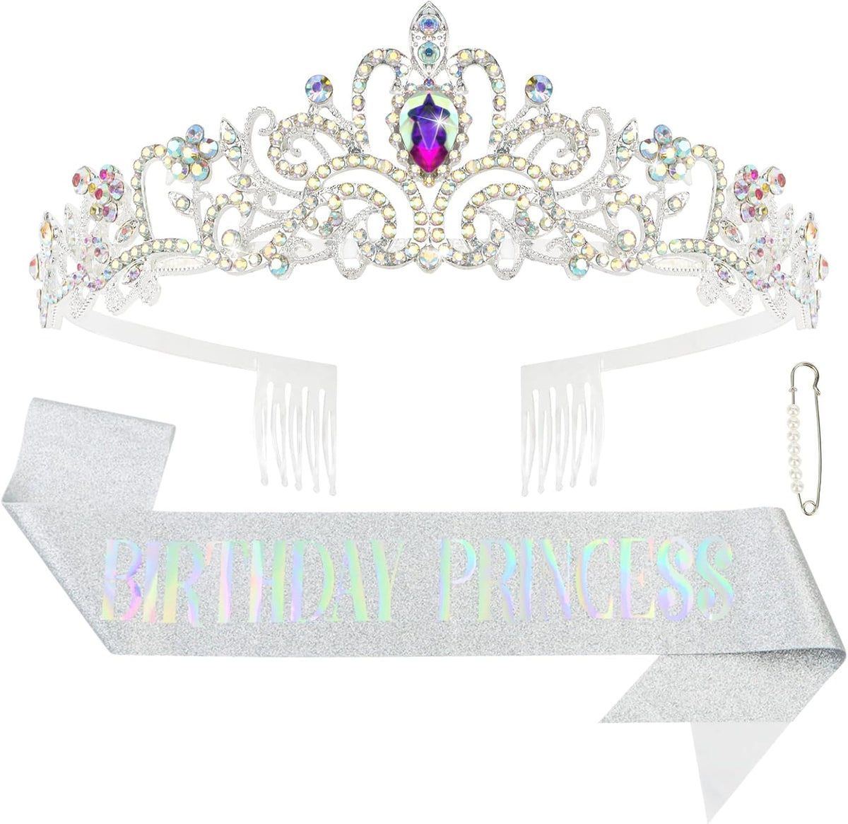 CIEHER Princess Crown and Birthday Sash Set - Silver