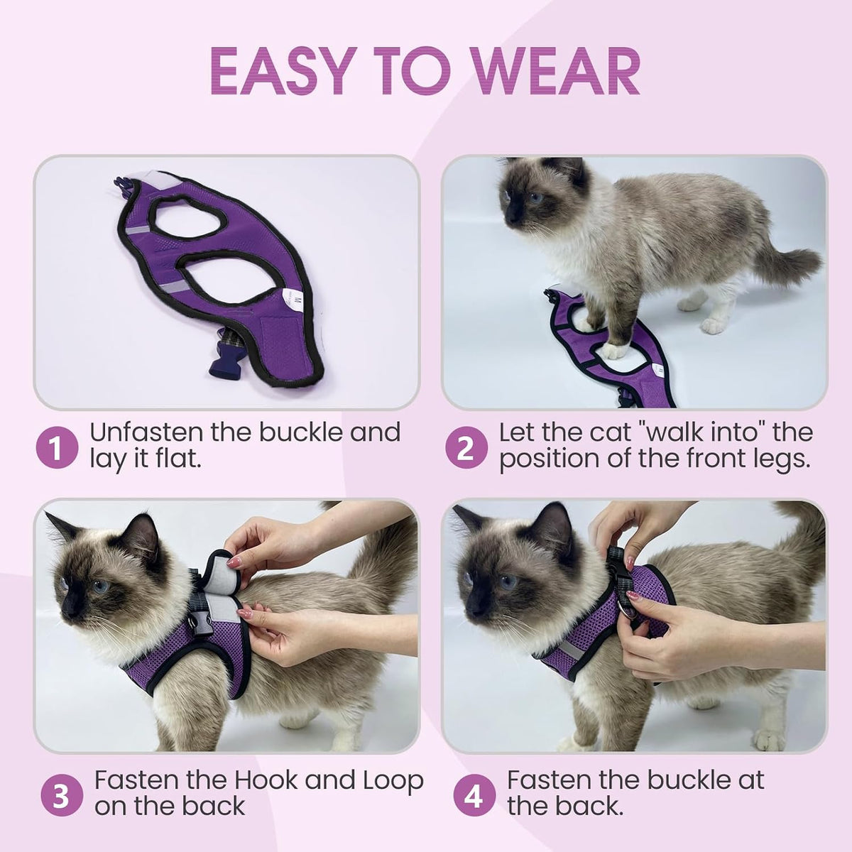 Cat Harness and Leash - Ultra Light Escape Proof Kitten Collar Cat Walking Jacket with Running - Purple / Large - image 3