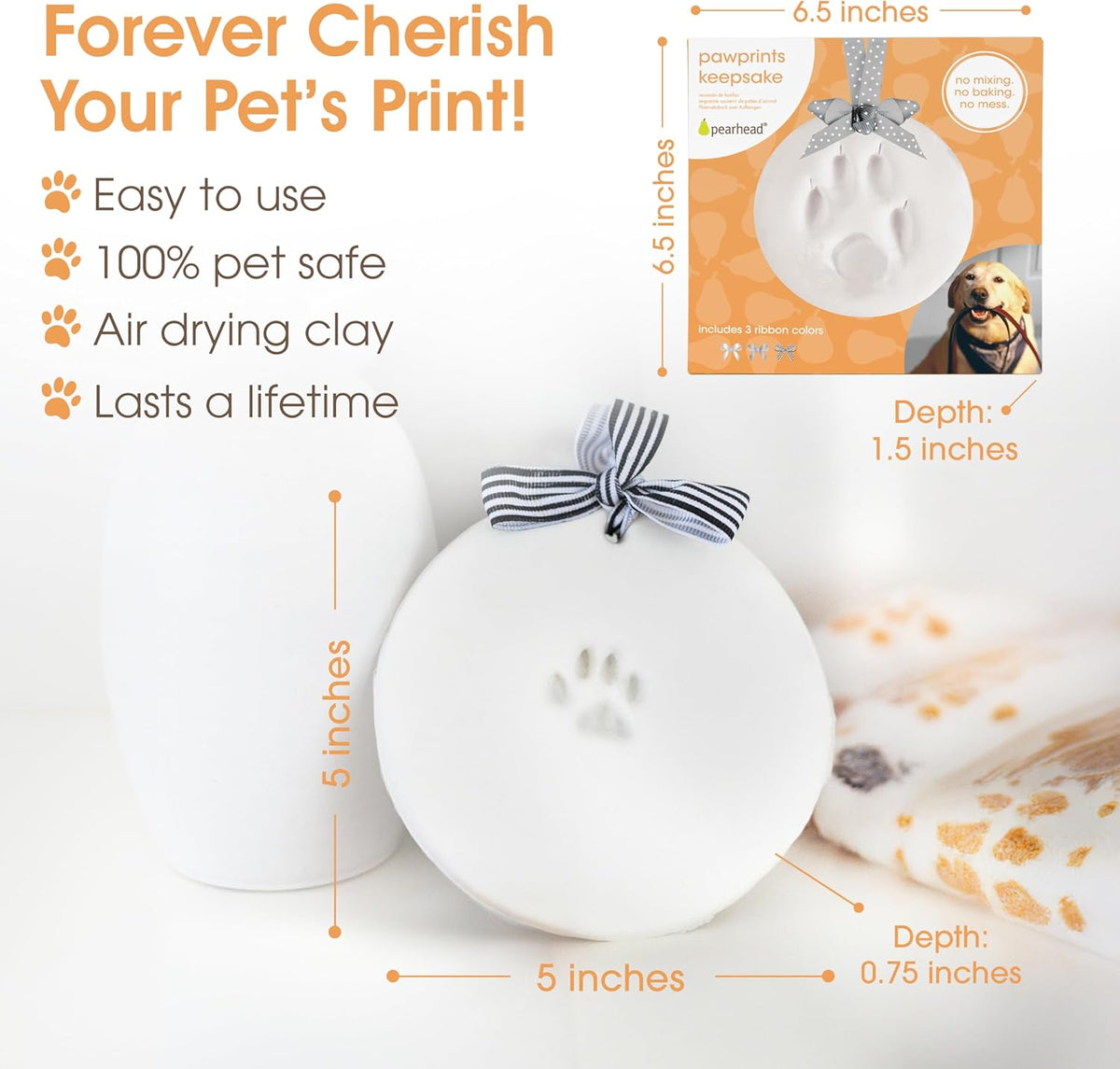 Pearhead Pet Paw Print Keepsake Ornament Kit, No-Bake Clay Kit – Essentials for Dogs - Clay Pawprint Kit With Ribbons / 2-Pack - image 3