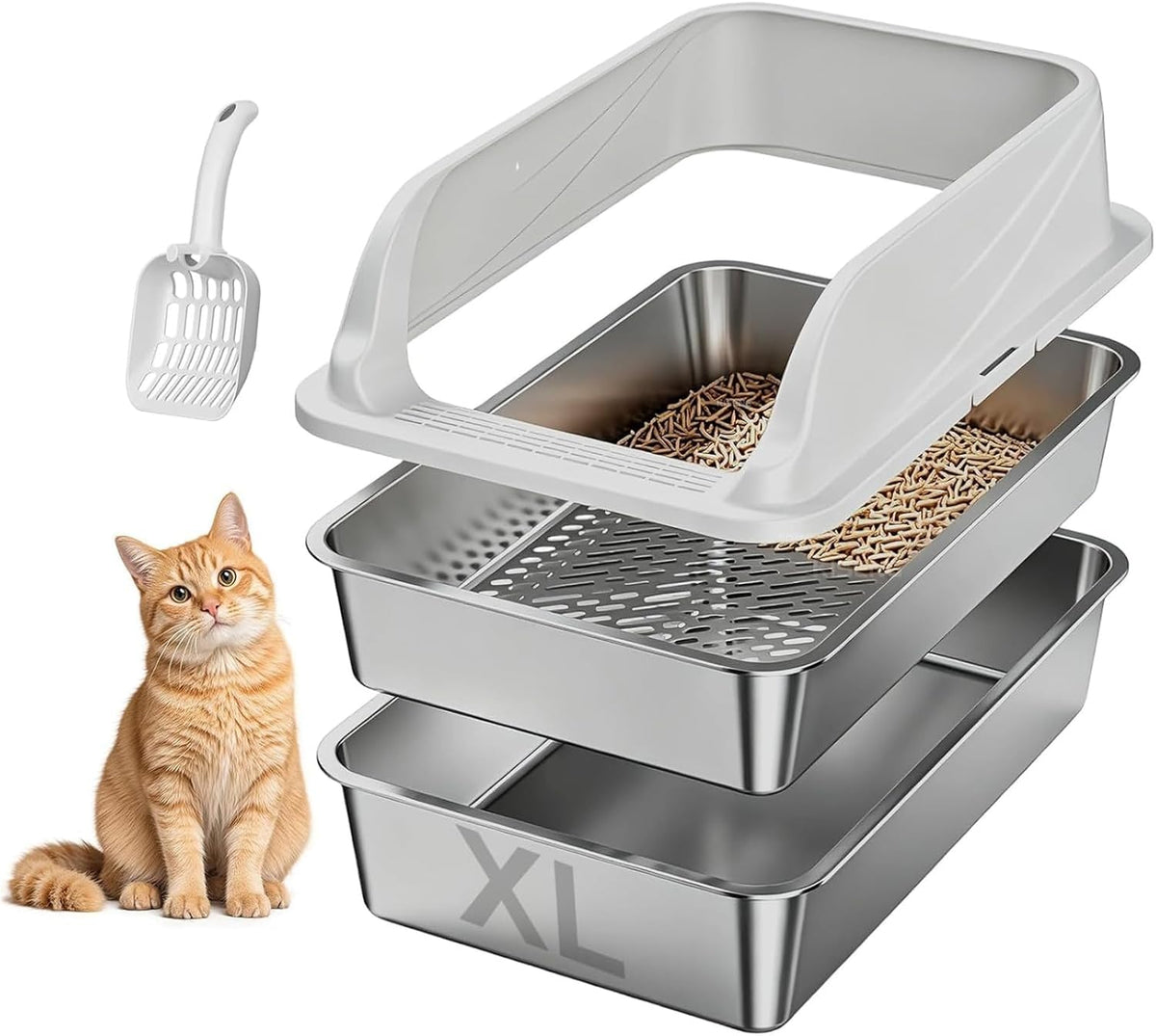 Stainless Steel Cat Litter Box with Lid - Silver Gray / XL / 1