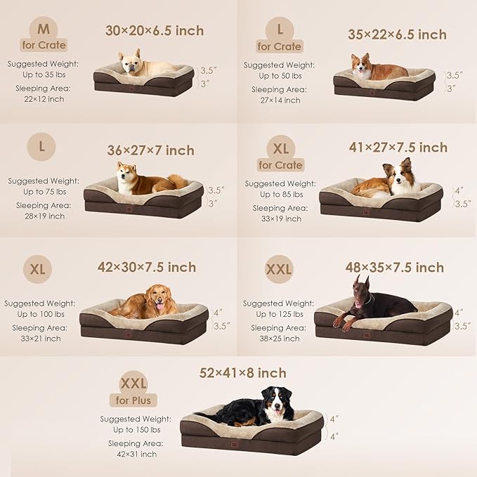 EHEYCIGA Memory Foam XL Dog Bed for XLarge Sized, Extra Large Orthopedic Dog Sofa with Sides and Waterproof Liner, Washable Bolster Pet Couch with Removable Cover, 48x35x7.5 Inch, Brown