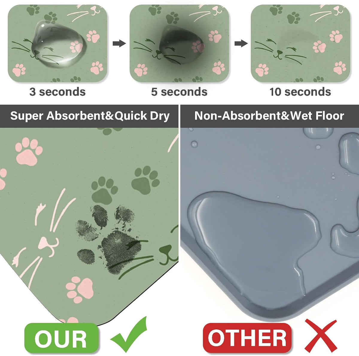 Patterned Cat & Dog Bowl Mat for Food and Water - Small (12" x 20") / Light Green-catpaw - image 4