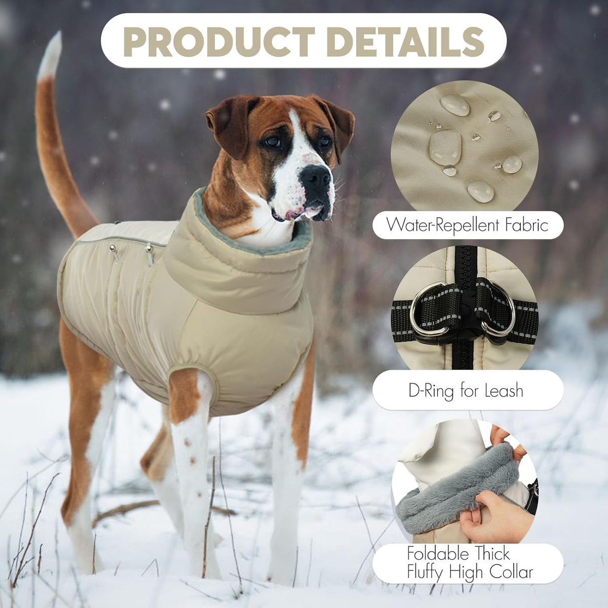 Waterproof fleece-lined dog winter coat with built-in harness and reflective strips - view 3
