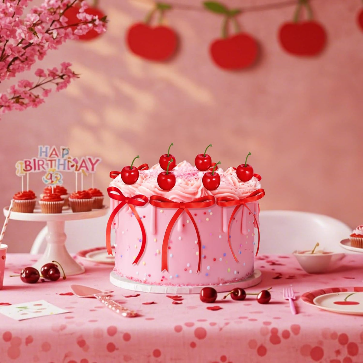 Chunful fake cherry cake toppers with red polyester bows - view 19