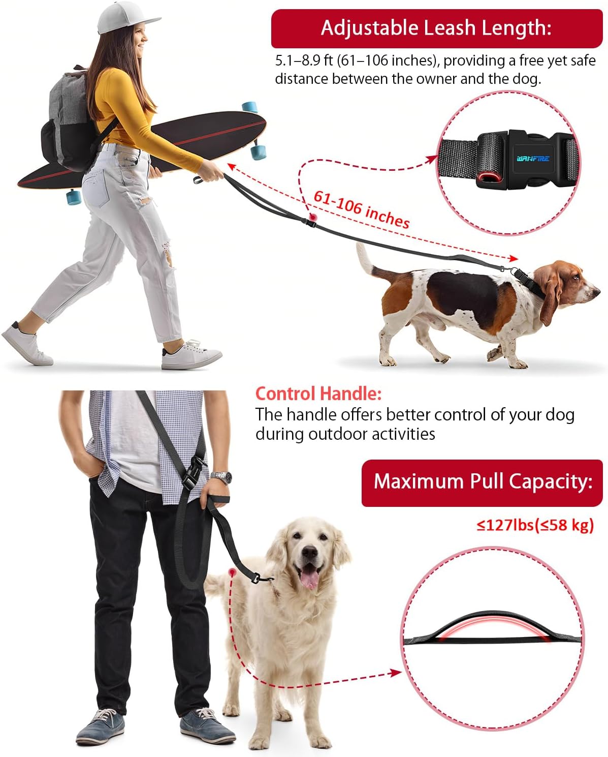 Hands Free Dog Leash, 5.1-8.9ft Crossbody Leash for Dog Walking – Essentials for Dogs - Black - image 2