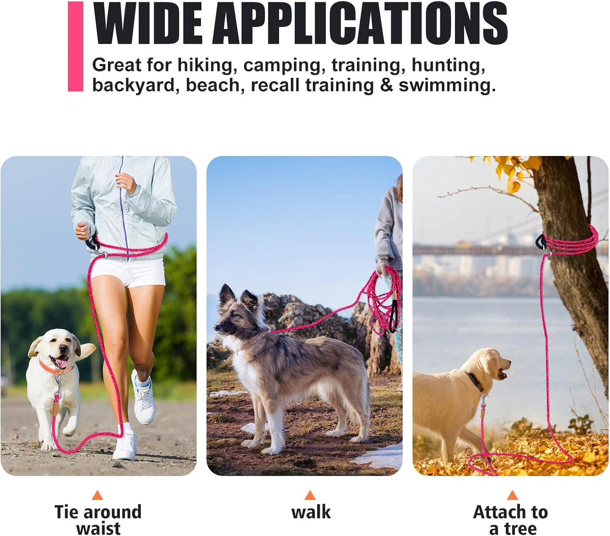 Long Dog Leash Reflective Rope Training Lead 15ft 30ft 50ft Check Cord – Essentials for Dogs - Pink / 15ft x 3/8inch - image 4