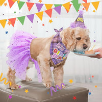 SCENEREAL Dog Birthday Bandana Hat with Dress Girl Set Party Supplies Plaid Puppy Birthday Outfit Cute Dog Tutus for Small Medium Lage Dogs, Purple Plaid