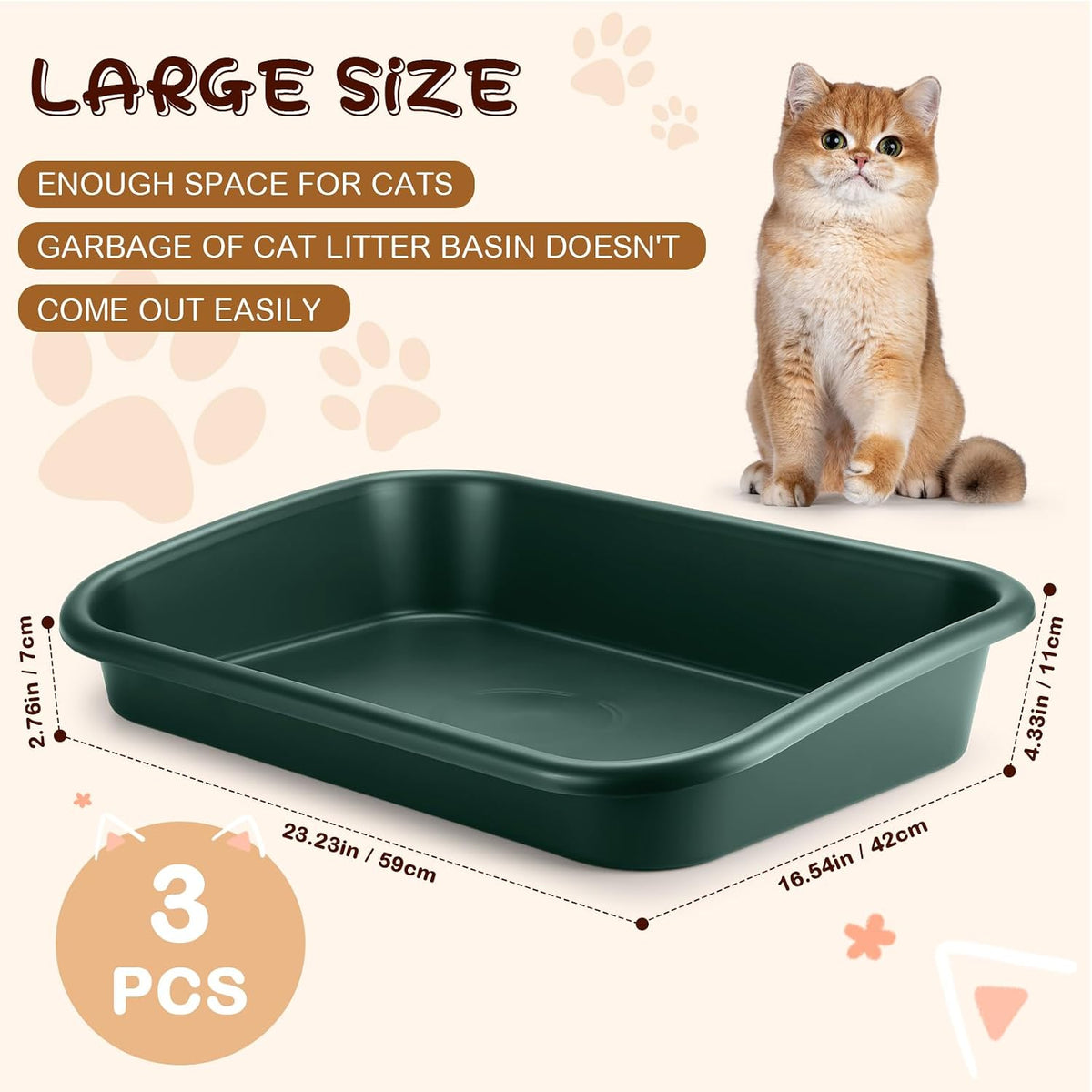 Uiifan 3Pcs Low Entry Cat Litter Box - Dark Green / 23 x 16 x 4.3 - image 2