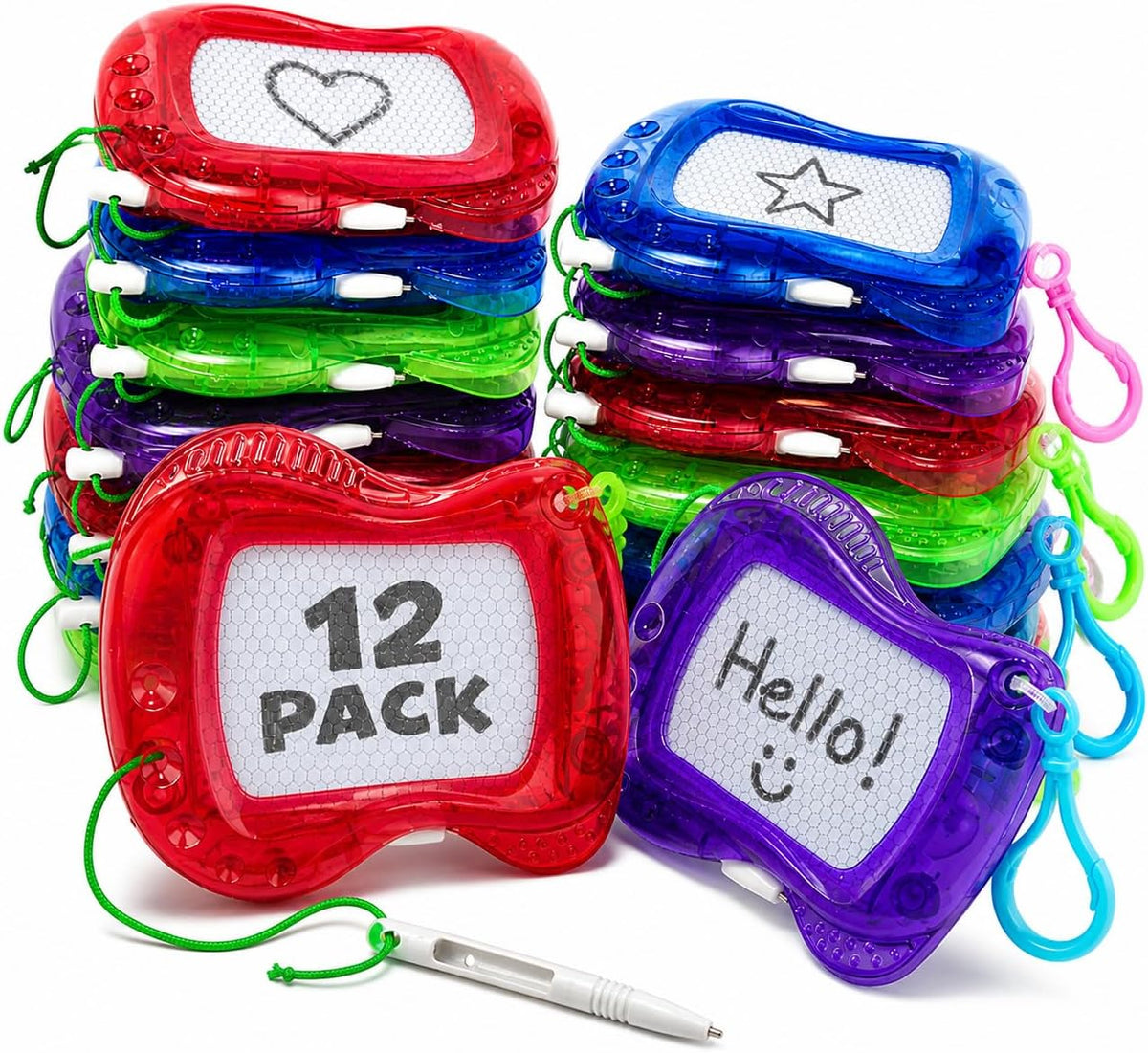 4E's Novelty 12 pack of mini magnetic drawing boards with keychain clips in assorted colors