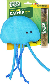 ZOOMIE Jelly Fish - Refillable Catnip Toy + Catnip | High Potency Hand Harvested Fresh Catnip | Soft Plush for Engaging Play