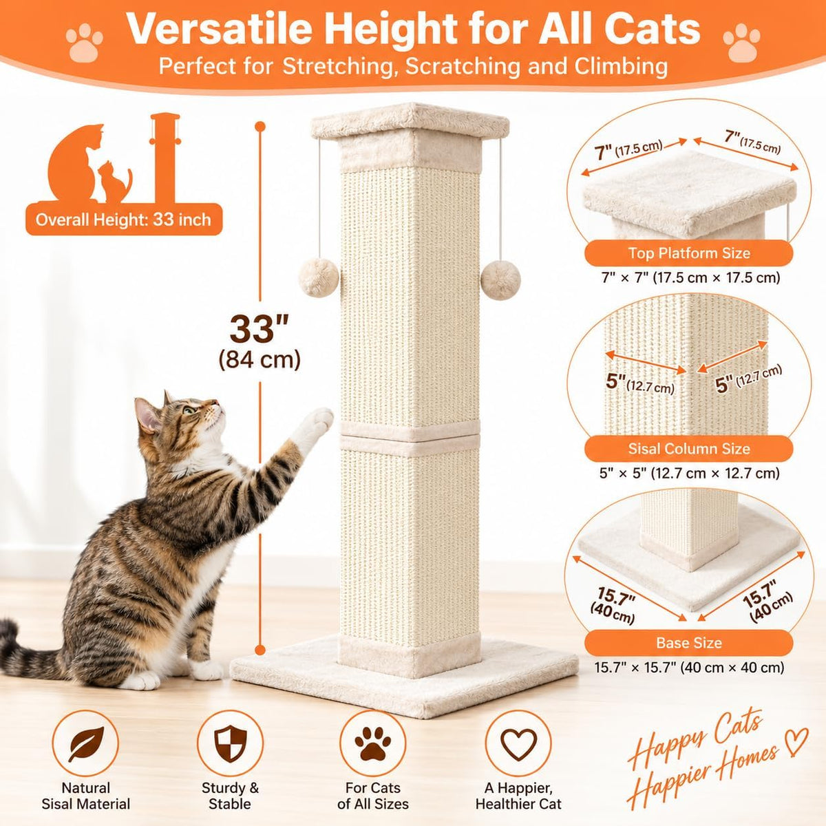 SOCATER Cat Scratching Post 33 Inch, Beige – Essentials for Cats - white - image 2
