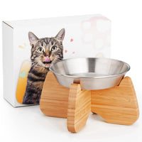 Raised Stainless Steel Cat Bowl with Bamboo Stand – Essentials for Cats - 1 PACK