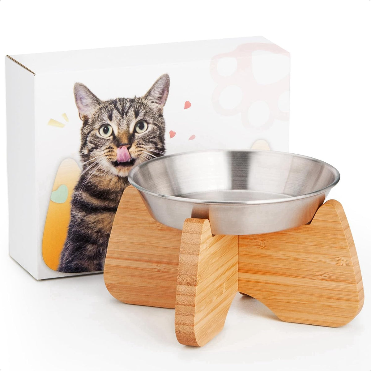 Raised Stainless Steel Cat Bowl with Bamboo Stand – Essentials for Cats - 1 PACK