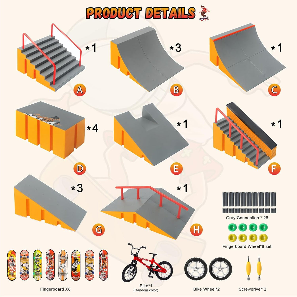 CS COSDDI 14in1 Finger Skateboard Park Set for Kids 8 Skateboards - Yellow - image 2