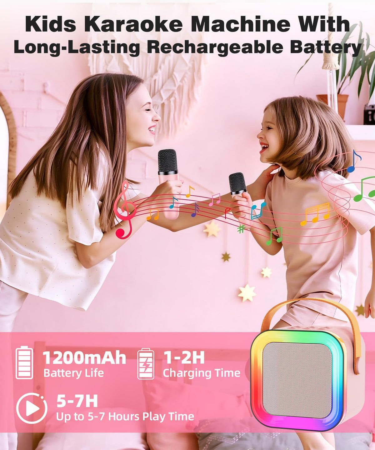 Mini Kids Karaoke Machine Ages 3-12 - Pink - 2 Mics - image 2