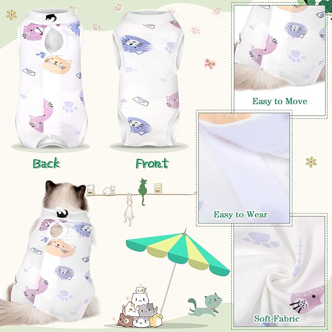 Nuanchu 3 Pieces Cat Recovery Suit Kitten Recovery Suit E-Collar Alternative for Cats and Dogs Abdominal Skin Anti Licking Pajama Clothes Sets(Cute Pattern,Medium)