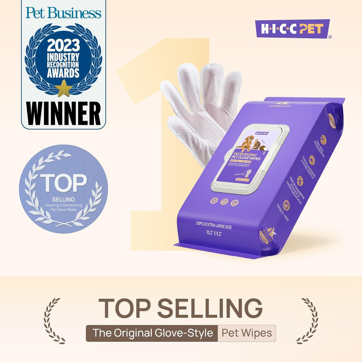 HICC PET Dog Wipes for Dogs & Cats, Glove Design - Coconut Scent / 6 PCS - image 2