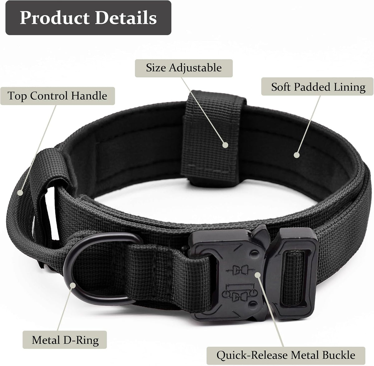 Tactical Dog Collar, Adjustable Military Training Nylon Pet Collar, Black L – Essentials for Dogs - Black / Large :Width 1.5",Neck 17-20.5" - image 2