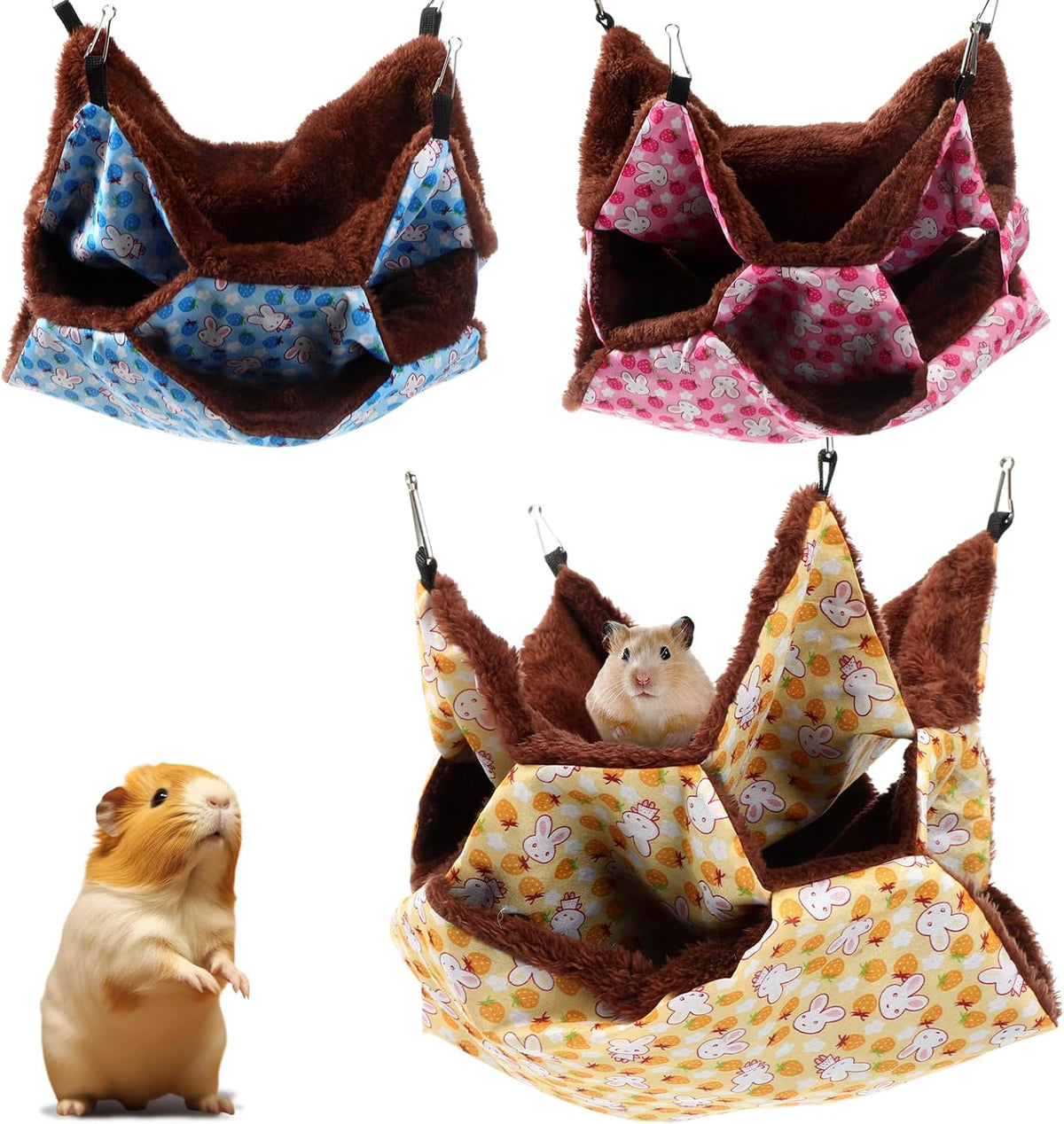 Weewooday 3 Tier Rat Hammock 3 Pcs Warm Ferret Hammock Bed for Small - Blue, pink, yellow