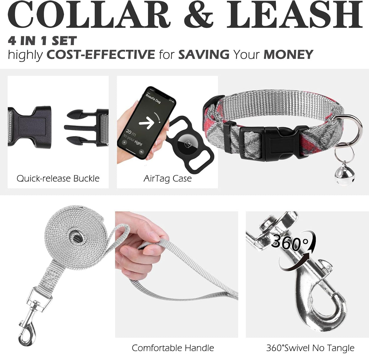 EXPAWLORER Plaid Small Dog Harness and Leash Set with AirTag Holder - Grey / XX-Small - image 2