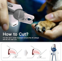 Type-C Rechargeable Dog & Cat Nail Clippers - LED Pet Nail Trimmer with Built-in Nail File, Extra Sharp Blades for Small & Medium Dogs, Indoor Cats (White-Gray)