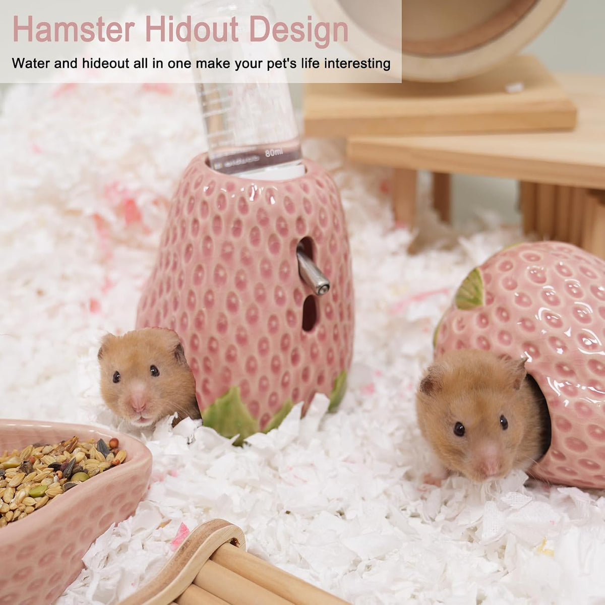 Adjustable No-Drip Pink Strawberry Ceramic Hamster Water Bottle – Essentials for Small Pets - Strawberry -pink - image 3
