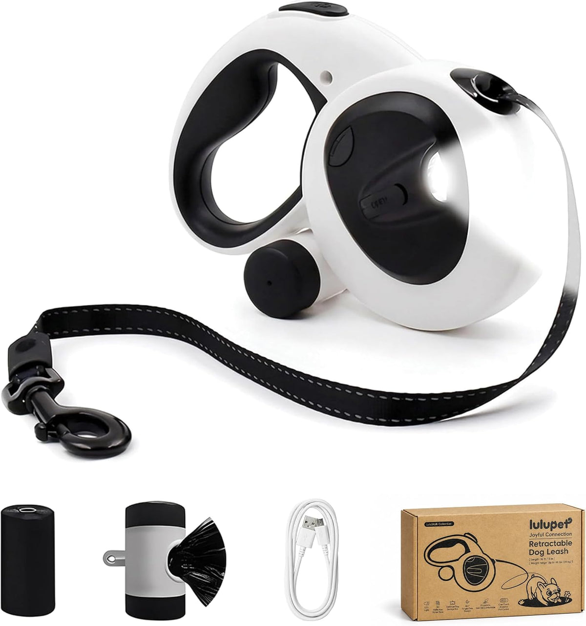 16Ft Retractable Dog Leash with LED Light - Black white