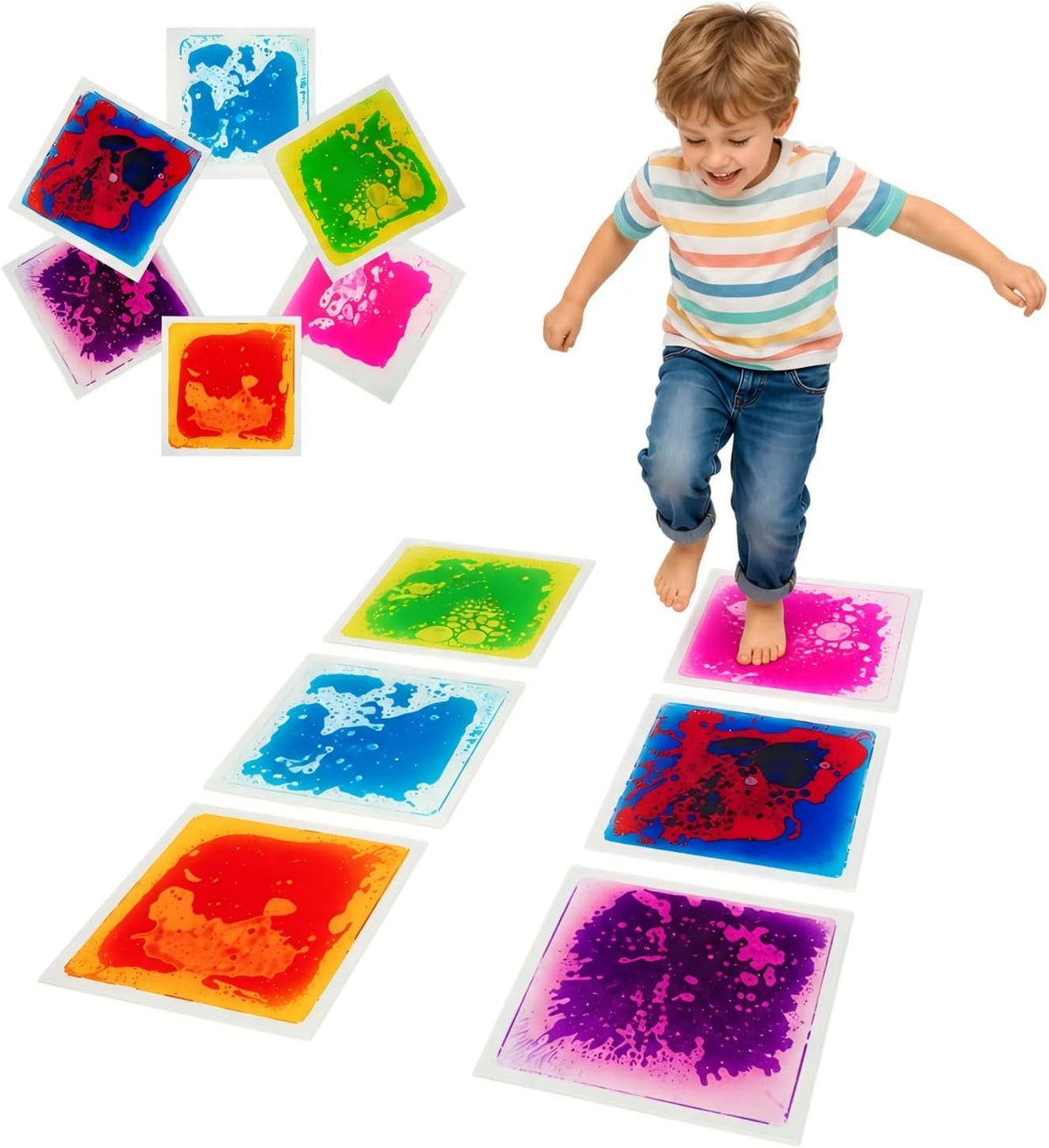 edusense 4 pack of 11.8 inch liquid sensory floor tiles with moving multicolor gel and non-slip base