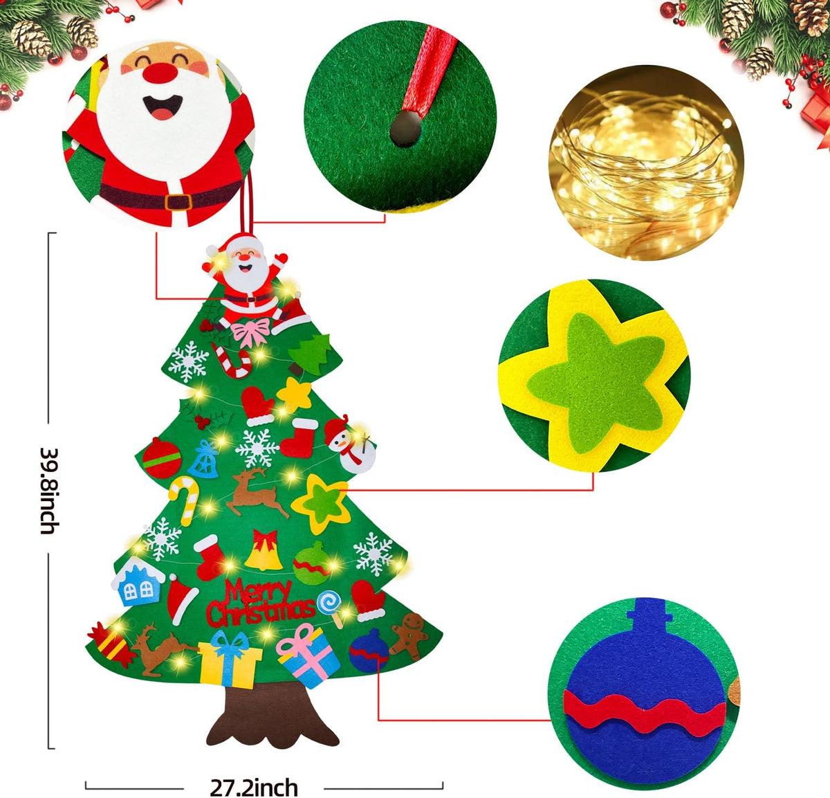 Felt Christmas Tree for Toddlers with Snowflake Light + 32 Ornament - C-gnome - image 3