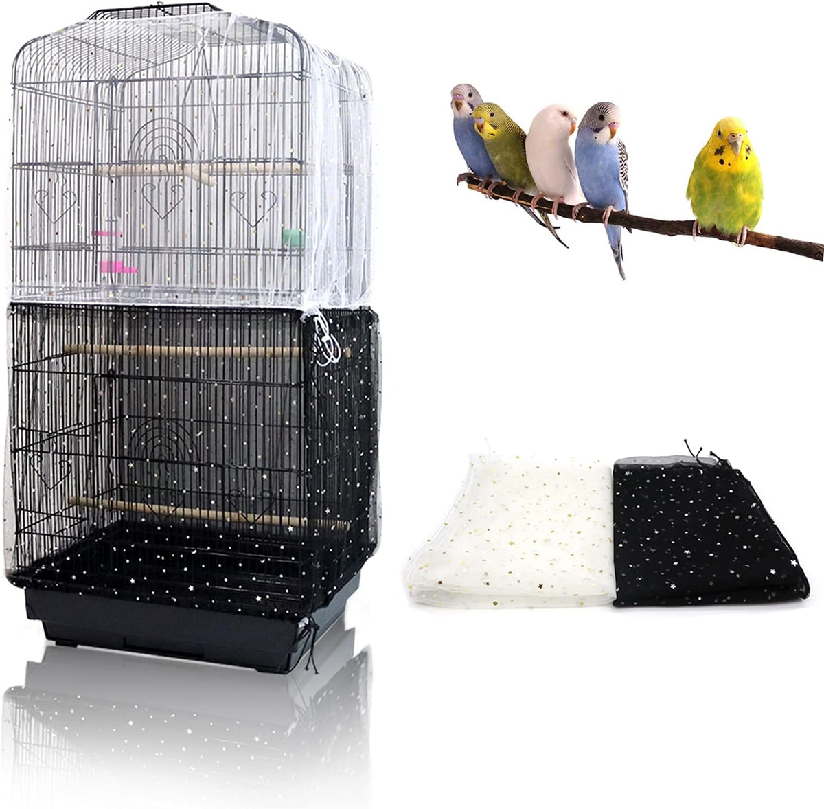 2Pcs Bird Cage Cover, Adjustable Bird Cage Seed Catcher - 78.7 x 15.7 inch / Upgraded Sequined