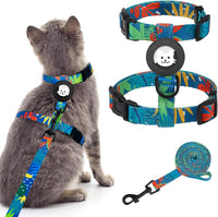 BINGPET Cat Harness with Airtag Holder - Green Leaves (Buckles on Neck & Chest)
