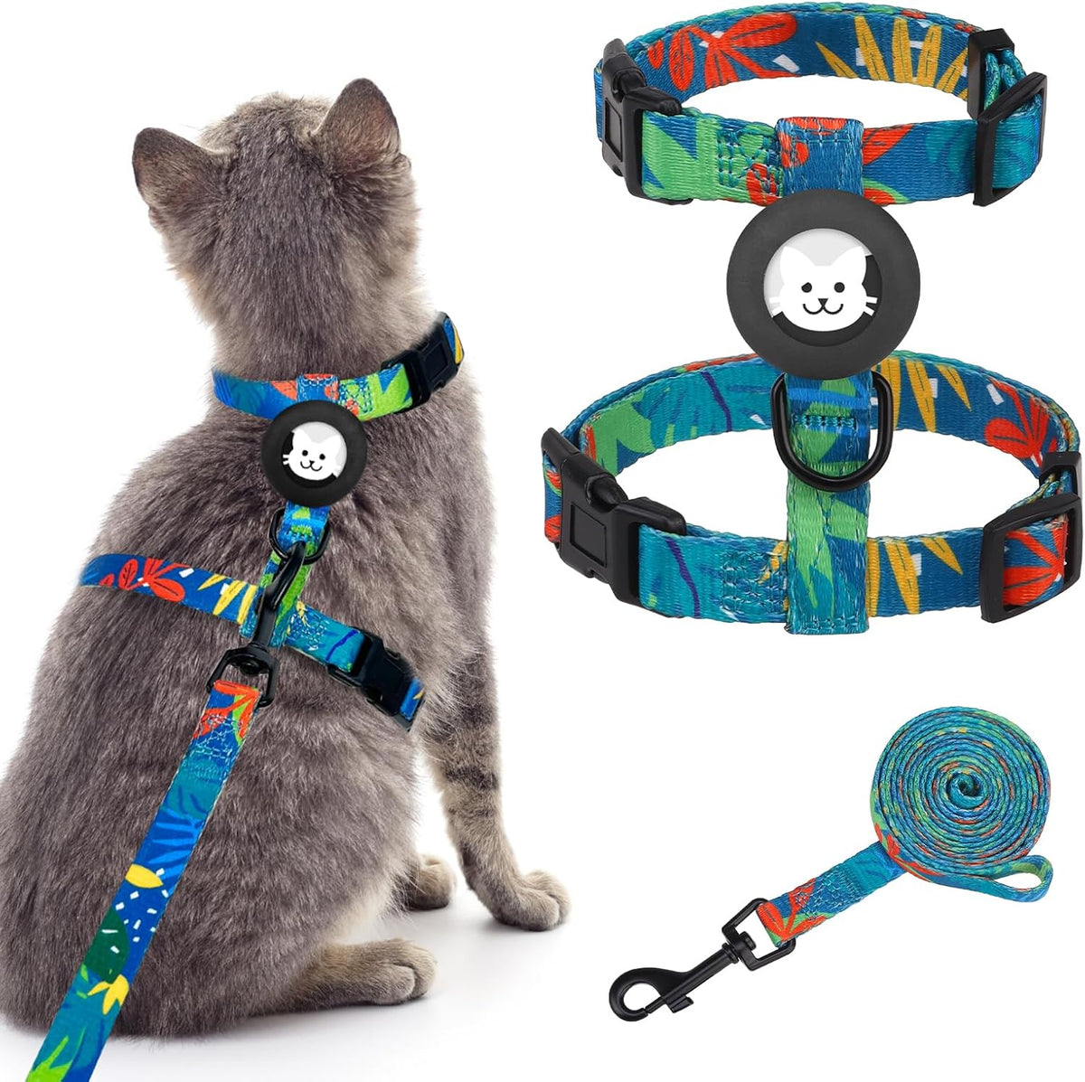 BINGPET Cat Harness with Airtag Holder - Green Leaves (Buckles on Neck & Chest)