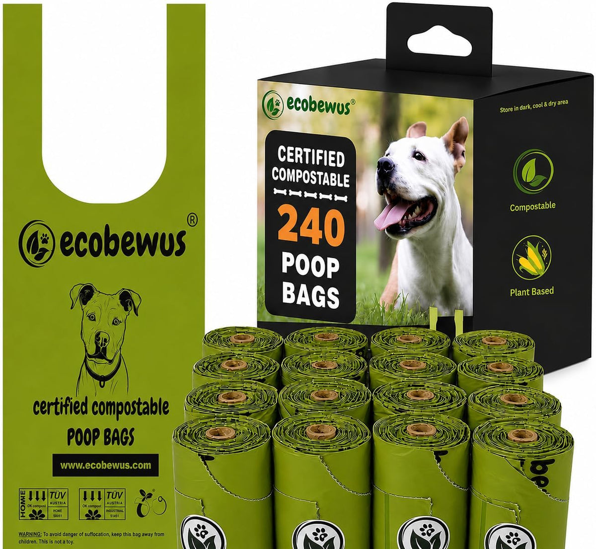 Certified Compostable Handle-Tie Dog Waste Bags, 16 Refill Rolls