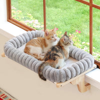 Zakkart SnugCloud Cat Perch for Windowsill – Essentials for Cats - Natural Color Wood w/ Gray Bed / Large (25"x15")