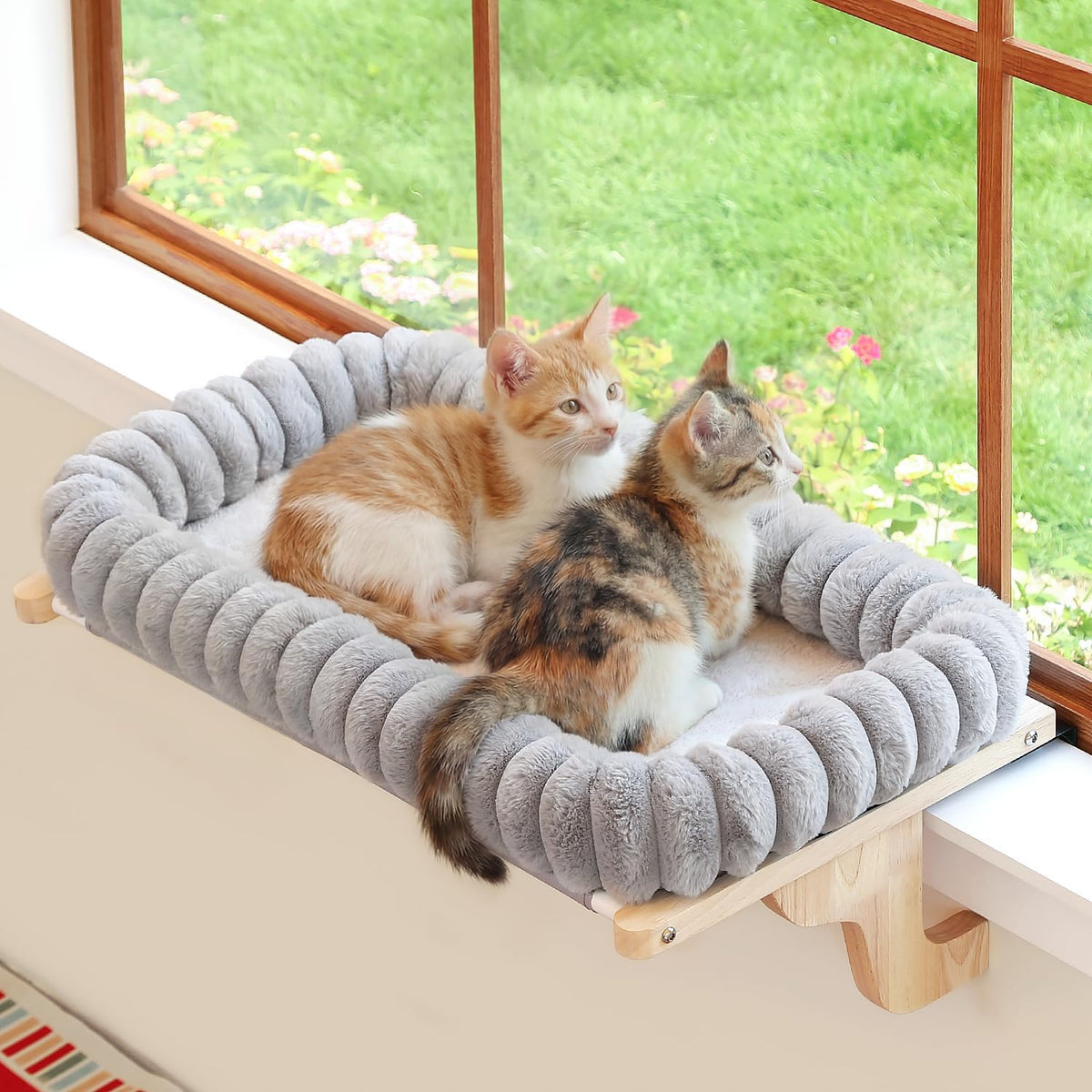 Zakkart SnugCloud Cat Perch for Windowsill – Essentials for Cats - Natural Color Wood w/ Gray Bed / Large (25"x15")