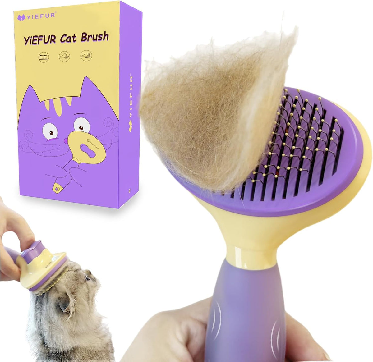Cat Brush for Shedding, Self Cleaning Brush for Long & Short Hair Cats – Essentials for Cats - Purple