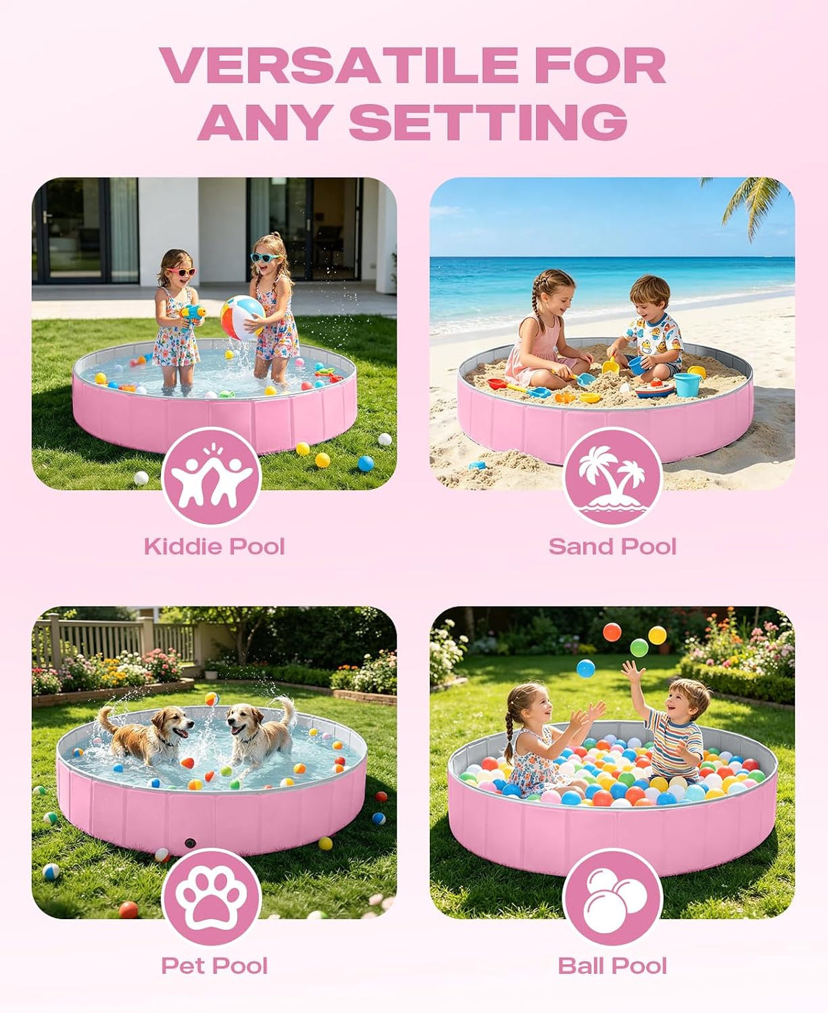 Jecoo Dog Pool for Large Dogs Kiddie Pool Hard Plastic Foldable Dog - Pink / M-48" x 12" - image 3
