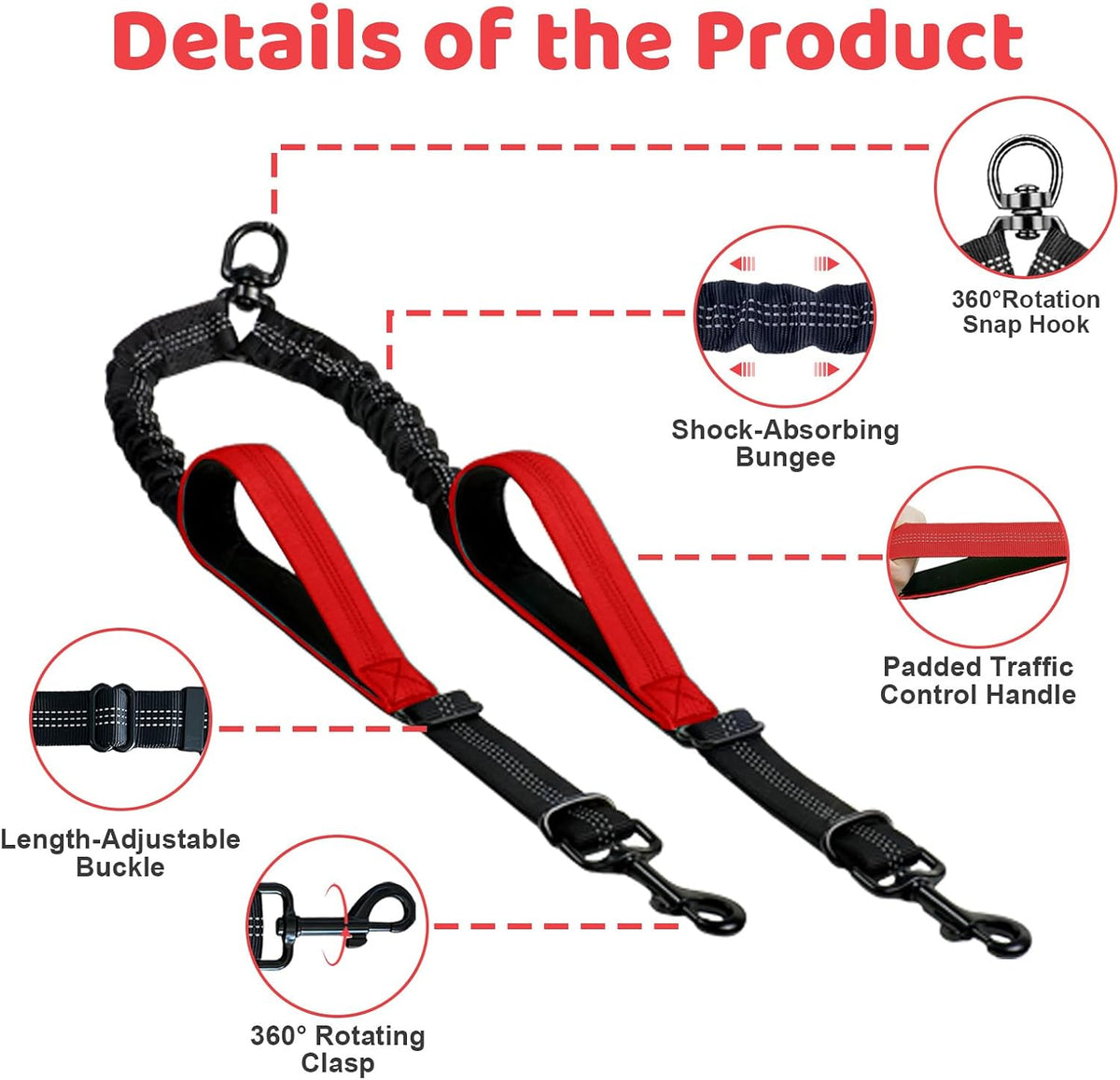 Double Dog Leash, No Tangle Splitter for Two Dogs - Red - image 3