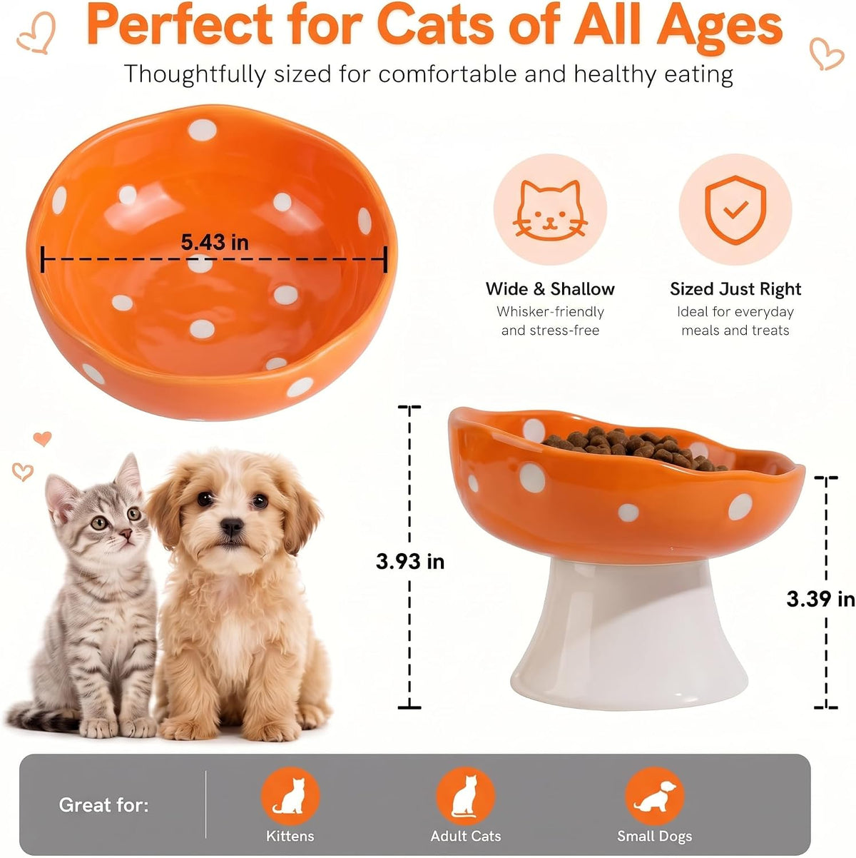 Red Mushroom Cat Bowl, Elevated Ceramic Bowl for Cats – Essentials for Cats - Orange - image 3