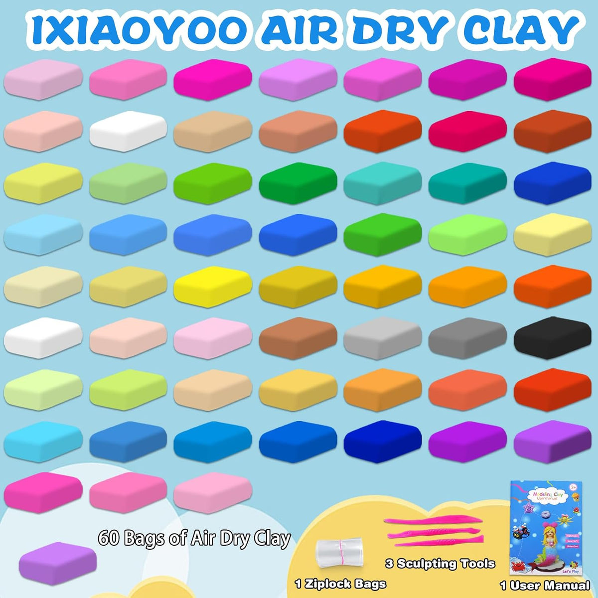 Ixiaoyoo Air Dry Clay, 30 Colors Foam Modeling Clay for School Projects – Fun for Kids & Family - 60 Colors - image 2