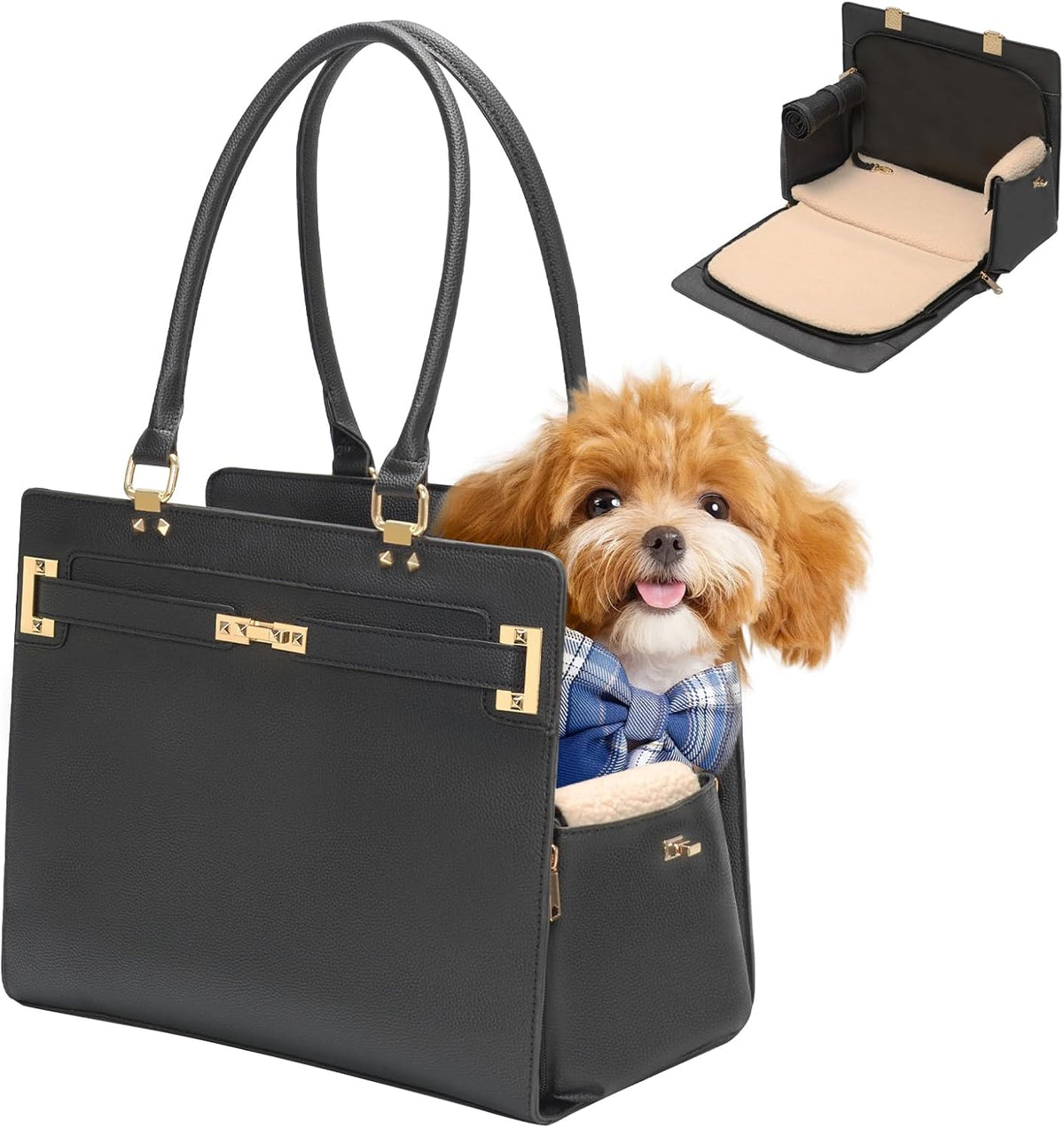 2-in-1 Stylish Dog Purse Carrier Travel Tote Bag for Small Dogs Cats - Black / 15.0"L x 7.5"W x 12.2"H