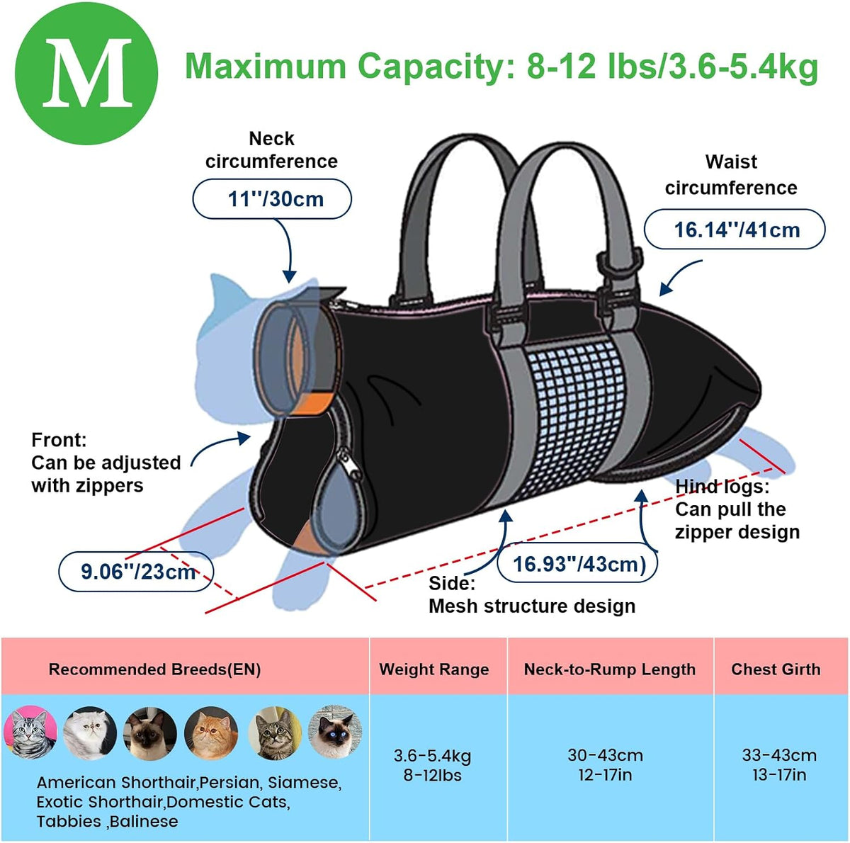 Cinf Cat Restraint Grooming Bag - M (8-12lbs) / Black - image 2