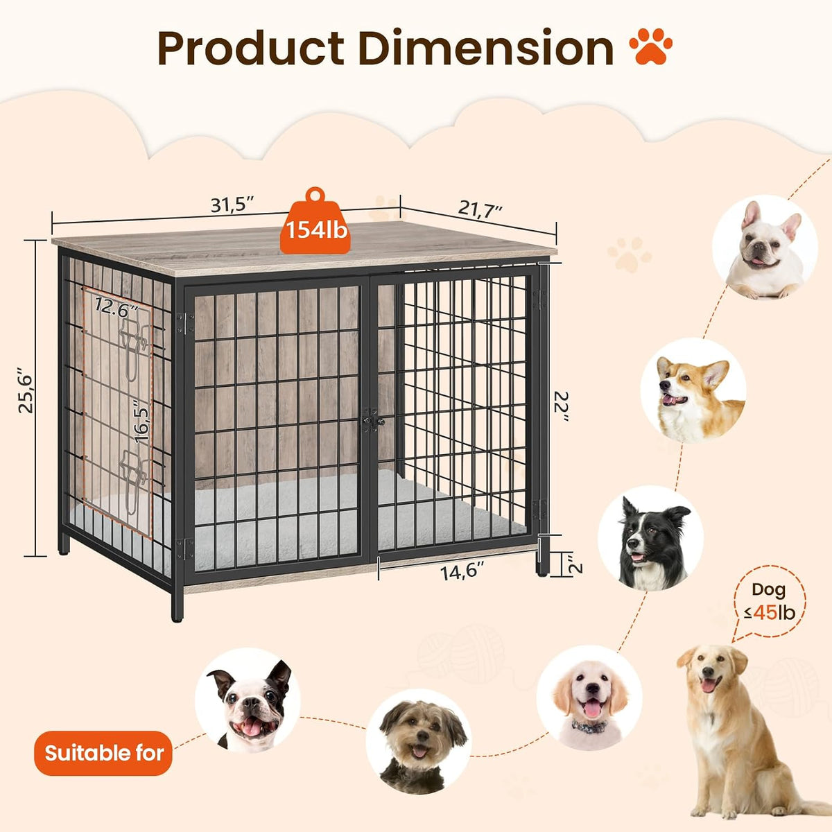 MAHANCRIS Dog Crate Furniture with Cushion - 31.5"L x 21.7"W x 25.6"H / Greige - image 3