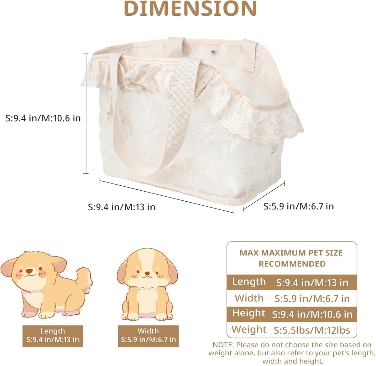 ONECUTE Dog Purse Carrier for Small Dogs Rabbit cat with Large Pockets - Beige Lace / 13.0"L x 6.7"W x 10.6"H - image 2