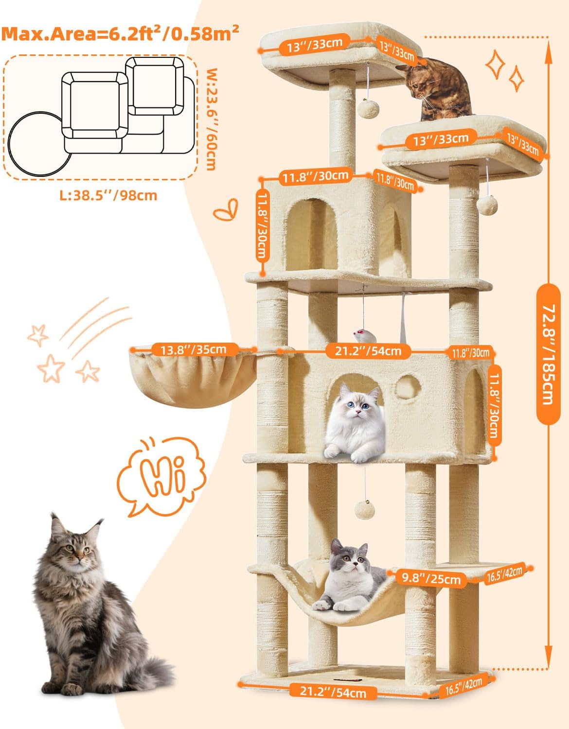 Taoqimiao Cat Tree, 67 in Tall Cat Tower with 2 Plush Cat Condos – Essentials for Cats - 73 inches / Beige - image 2