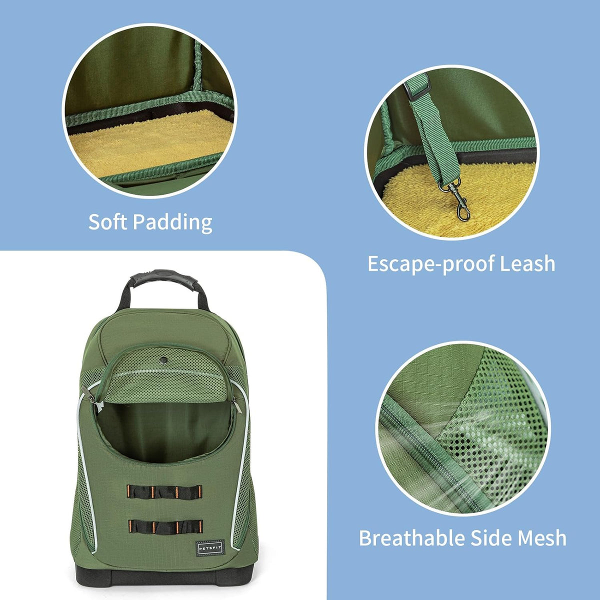 Petsfit Pet Dog Carrier Backpack with Upgraded Weight Reduction Design - 14.0"L x 9.5"W x 19.5"H / Green - image 4