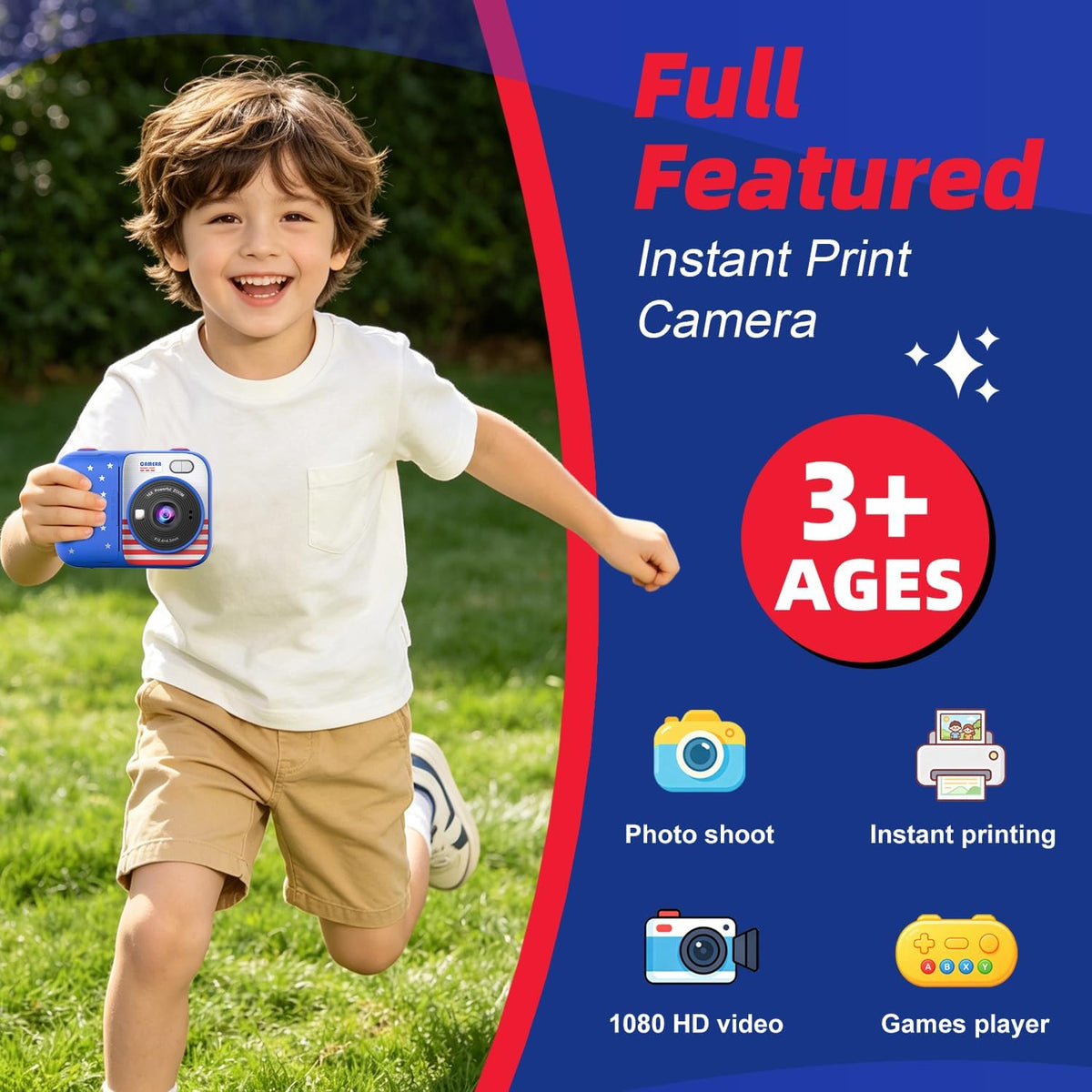 Kids Instant Print Camera with 5 Rolls Print Paper - Red & Blue - image 2