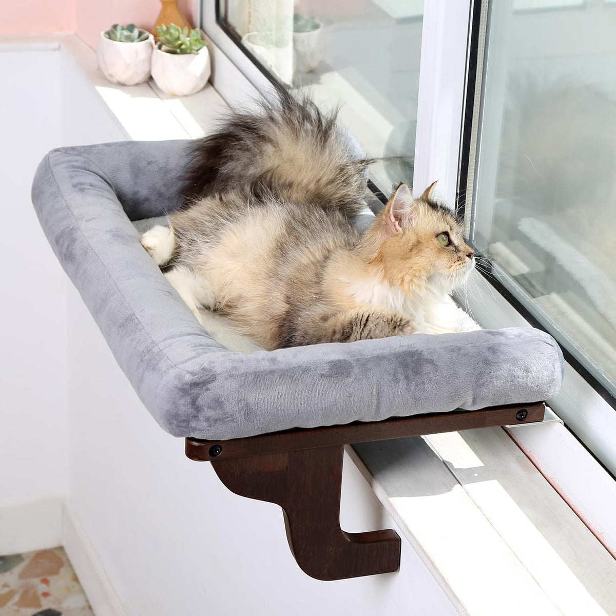 Zakkart Cat Perch for Windowsill with Bolsters – Essentials for Cats - Dark Stained Wood with Gray Bed / 24''L x 15''W
