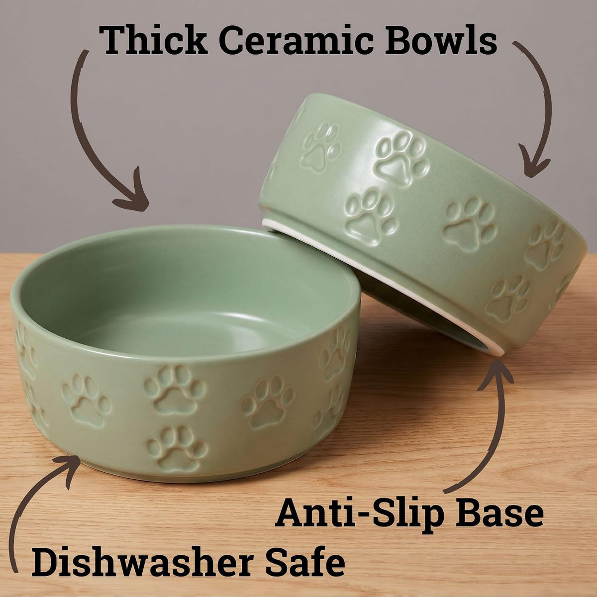 Ceramic Dog Bowl Set of 2 with Anti-Skid Base, 5.5"W x 2"H - Small / Sage Green - image 2