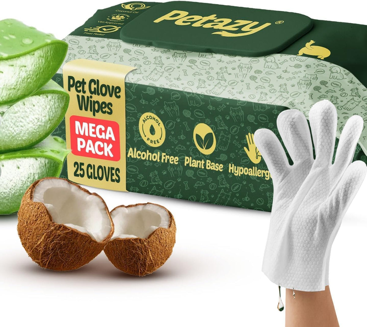 Pet Glove Wipes for Dogs & Cats, Paws, Ears & Butt Cleaning - 25 Glove Wipes